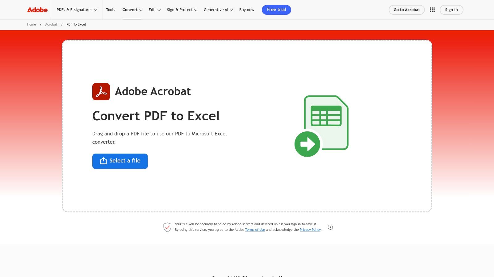 Adobe Acrobat Online — PDF to Excel