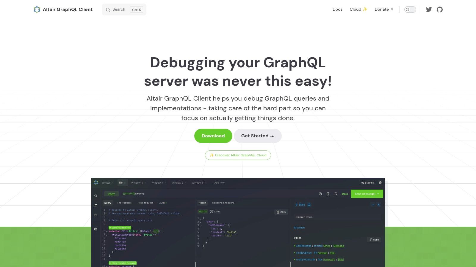 Altair GraphQL Client showing its schema documentation explorer and query interface