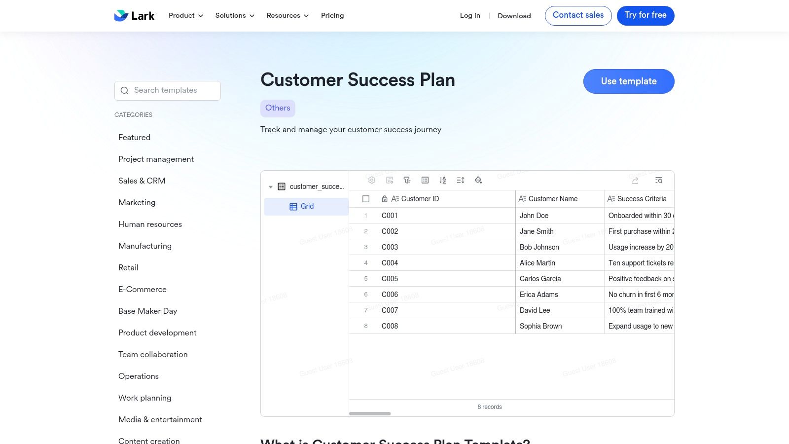 Lark's customer success plan template showing fields for account details, goals, and health scores within a database view.