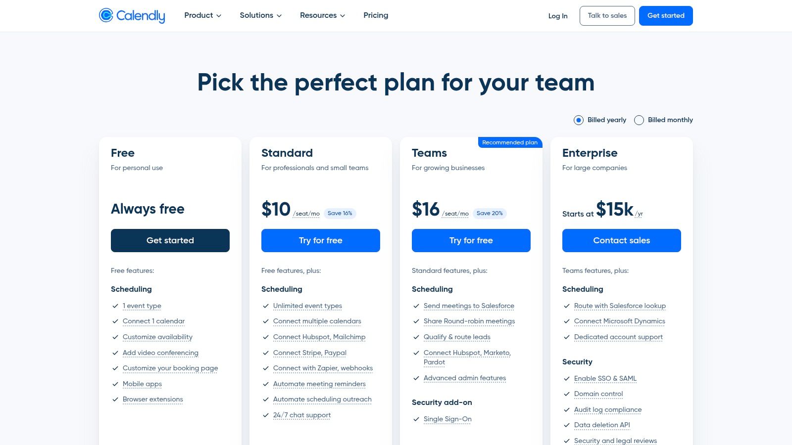 Calendly pricing plans showing the free and paid tiers