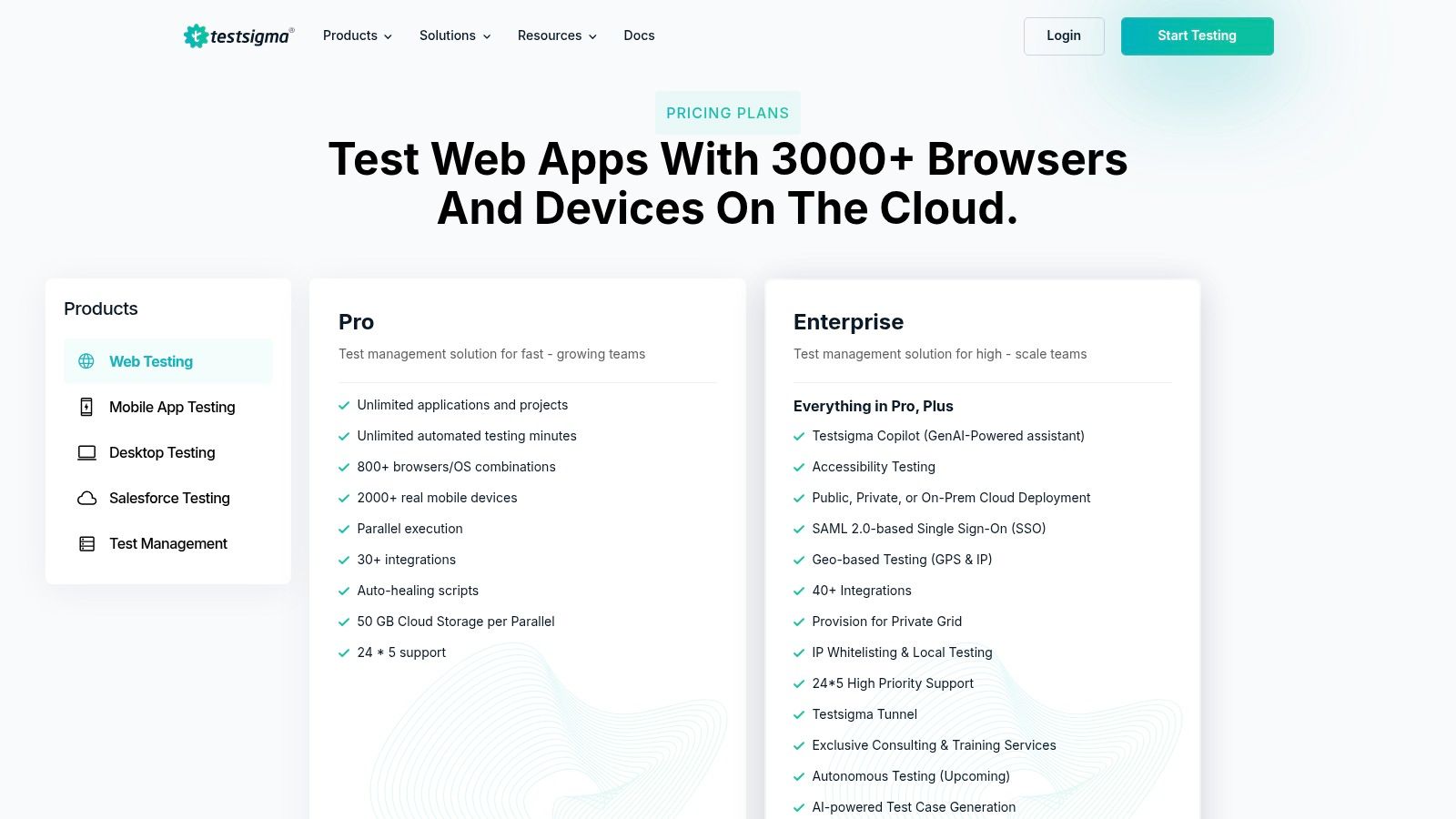 Testsigma's pricing page showing free, pro, and enterprise tiers.