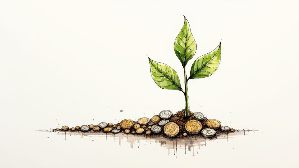 A person watering a small plant that is growing from a pile of gold coins, symbolizing investment growth.