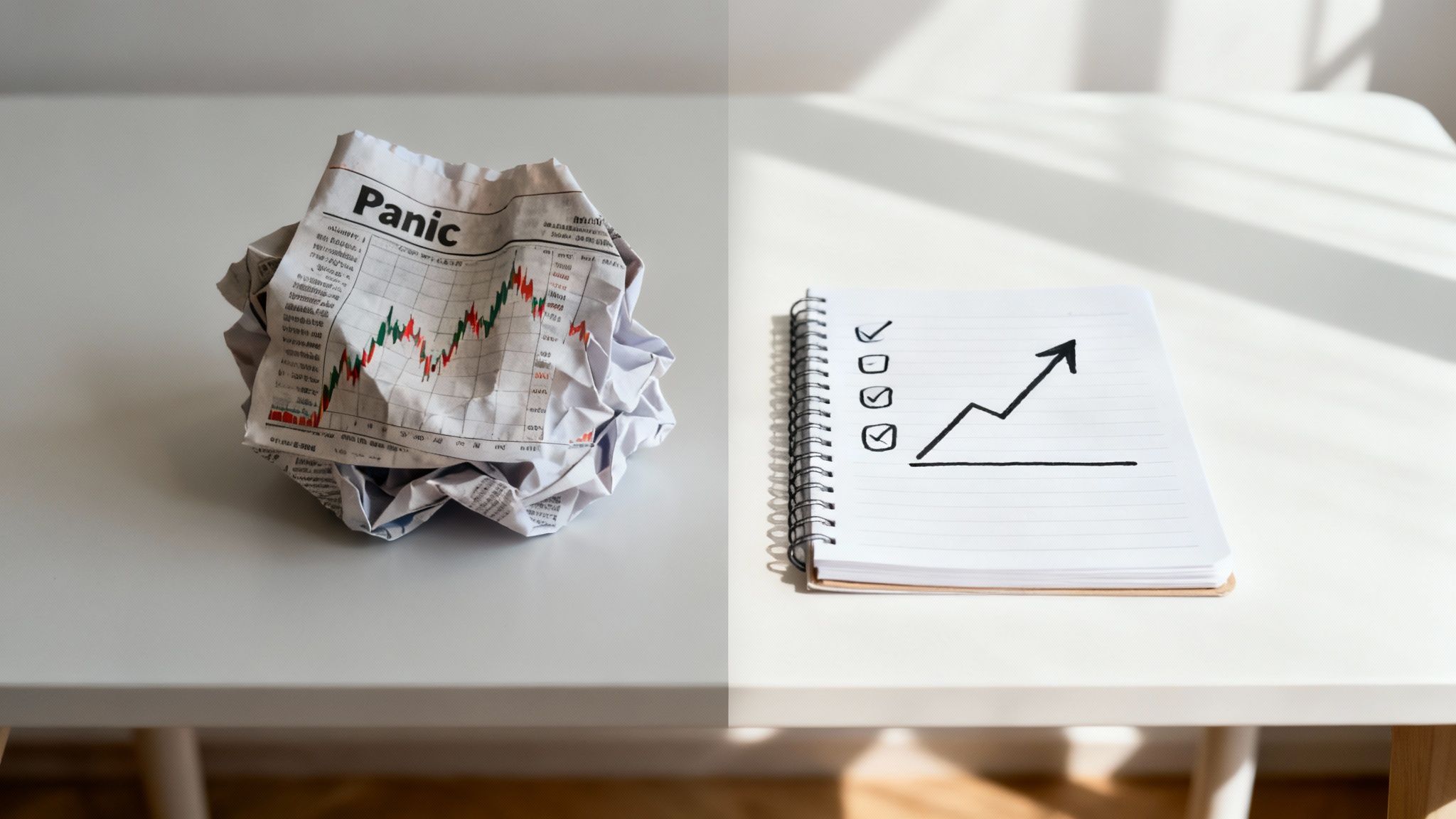 Crumpled 'Panic' newspaper with stock chart contrasted with a notebook showing a checklist and upward trend.
