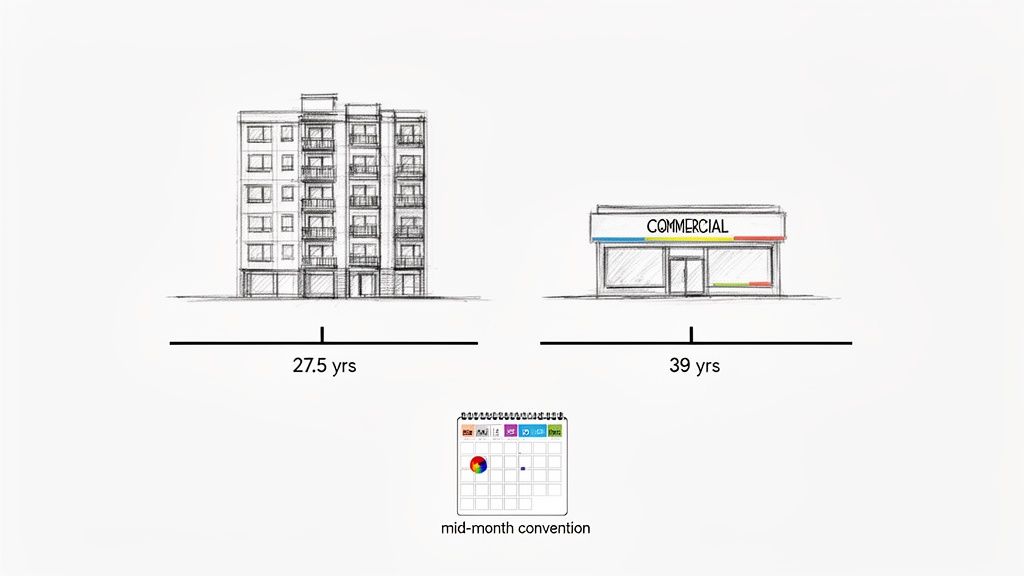 Architectural sketches of an apartment building and a commercial store, showing 27.5 and 39 years, with a calendar indicating mid-month convention.