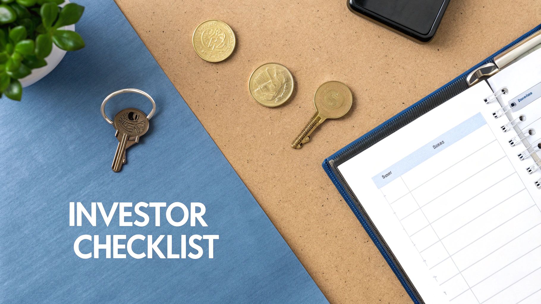 Overhead shot of an investor checklist on a desk with keys, coins, and a planner.