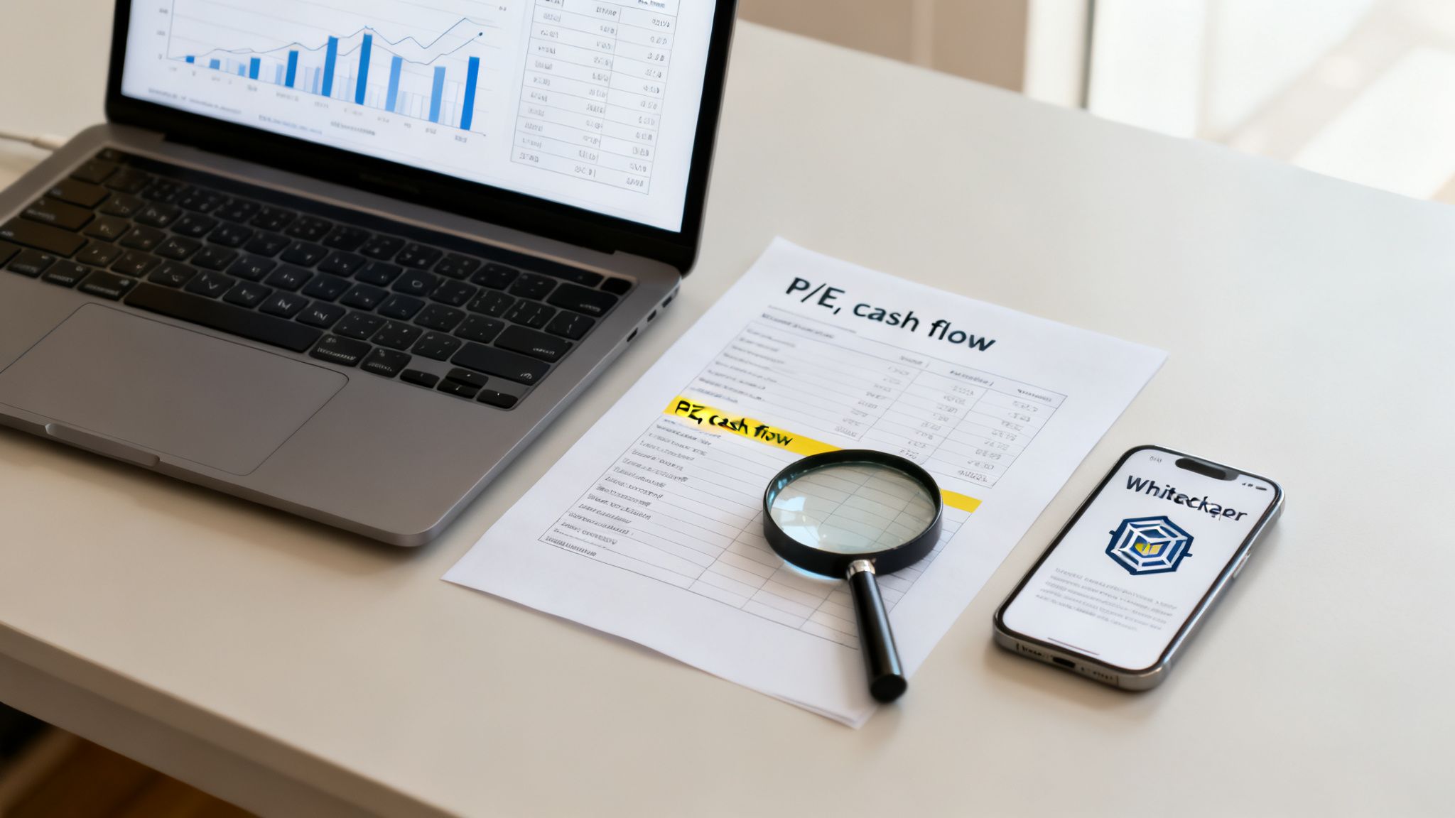 A financial workspace with a laptop, P/E cash flow document, magnifying glass, and smartphone.