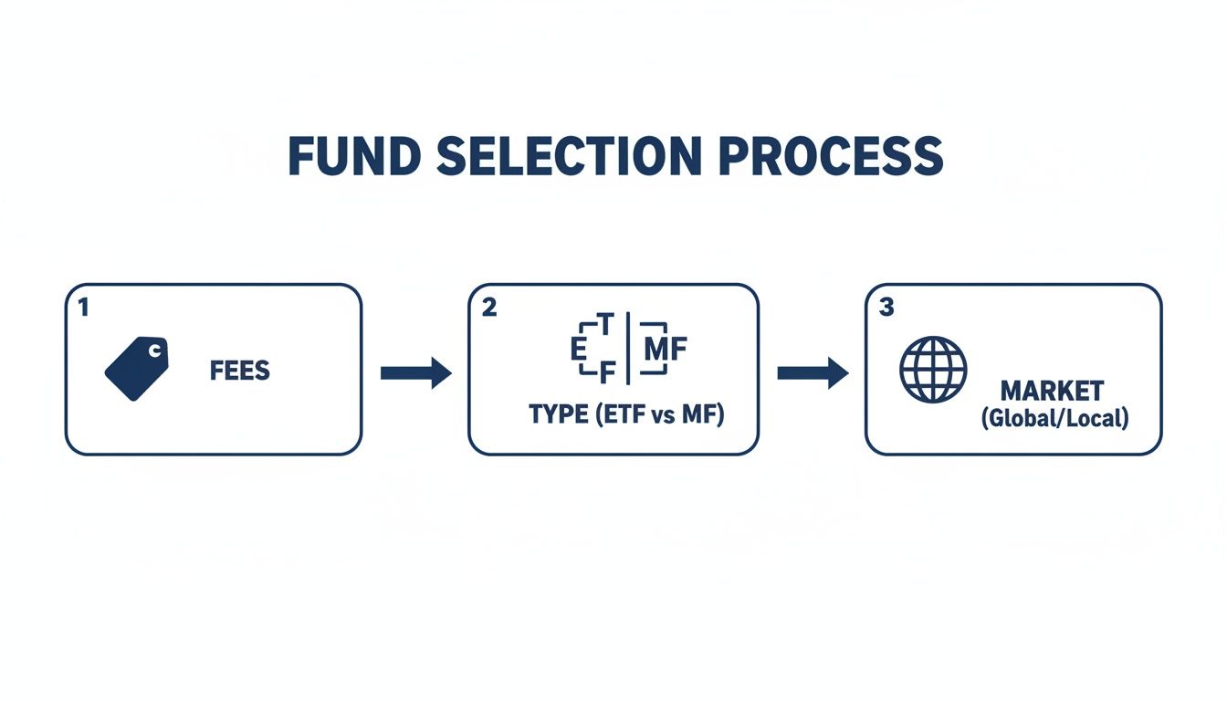 Flowchart showing the fund selection process: fees, fund type (ETF vs MF), and market (global/local).