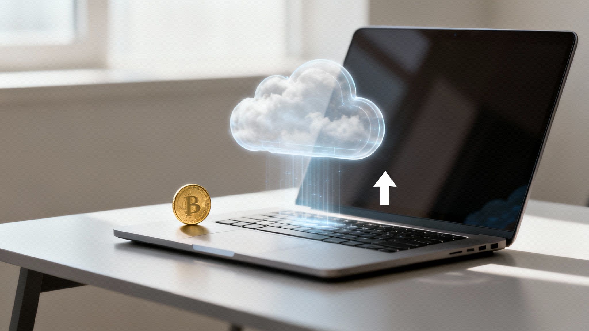 A Bitcoin coin rests on a laptop keyboard, with a holographic cloud and upload arrow above.