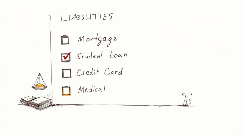A person looking concerned at a pile of bills and financial statements, symbolizing the process of facing liabilities.