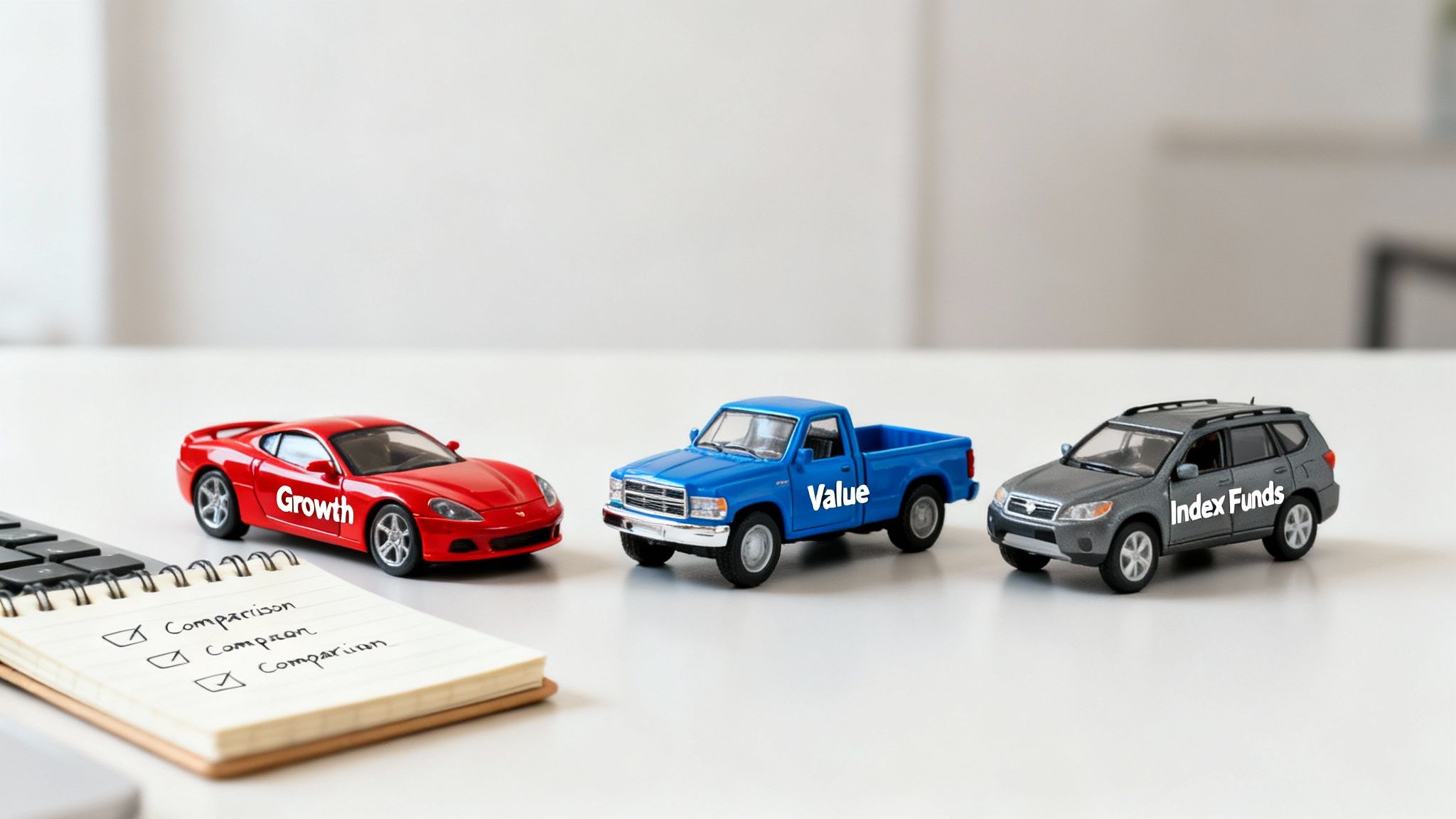 Three toy cars representing growth, value, and index funds sit on a desk with a comparison checklist.