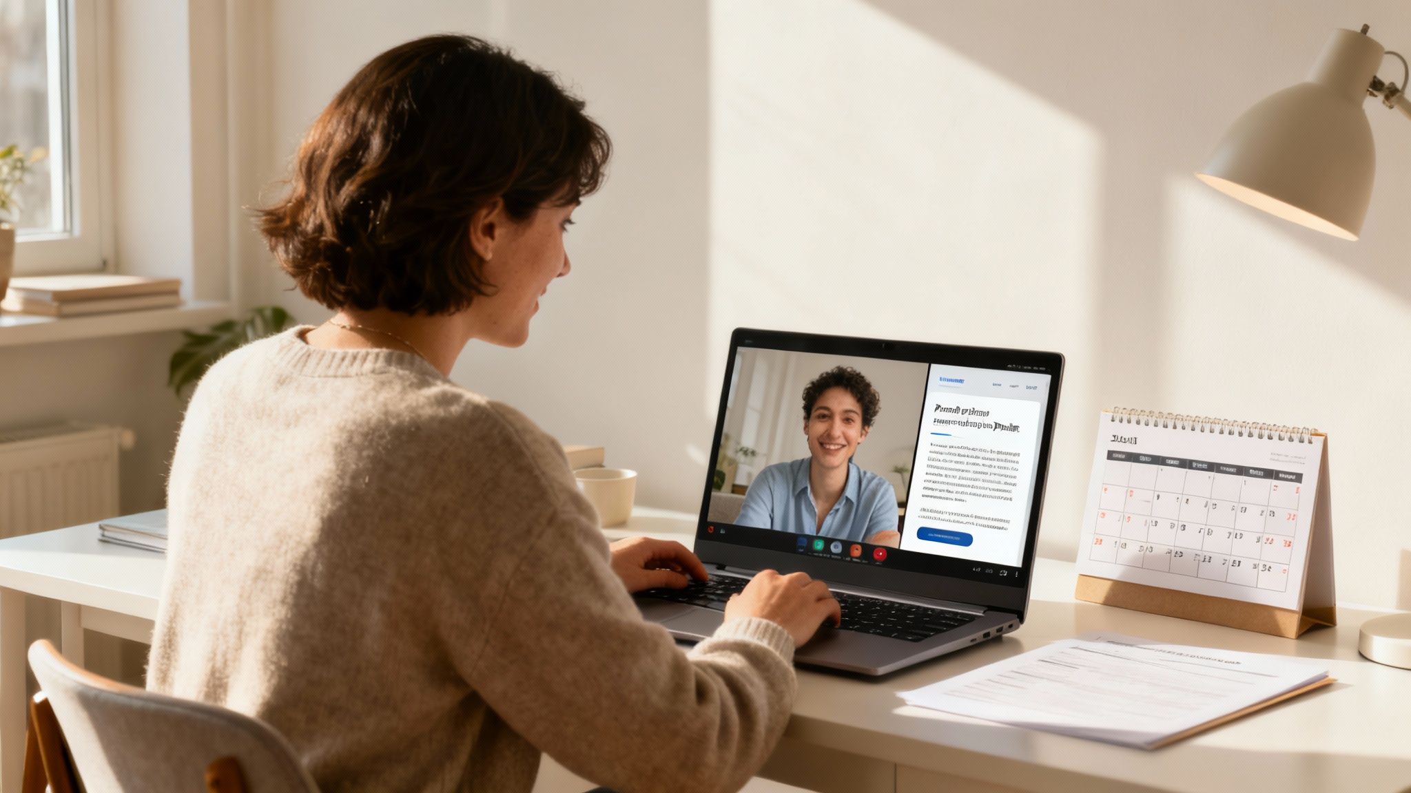 A smiling woman on a video call on her laptop, working at a sunlit desk.
