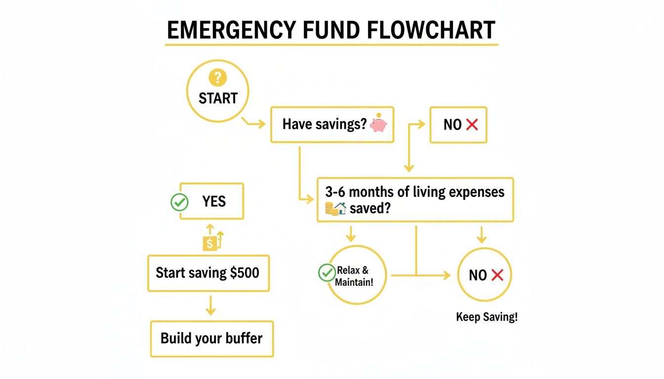 An emergency fund flowchart guiding on how to save and maintain essential living expenses.
