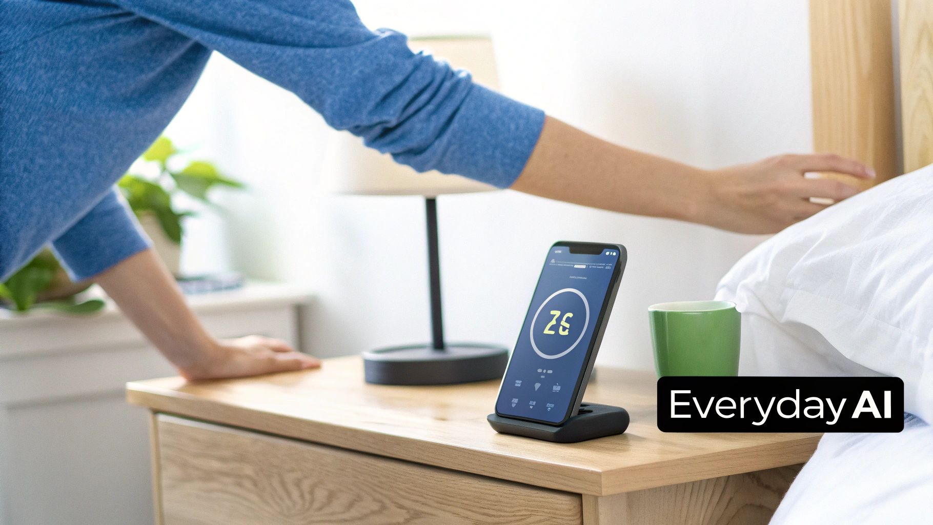A person reaches across a nightstand with a smartphone displaying AI features, a lamp, and a green mug.