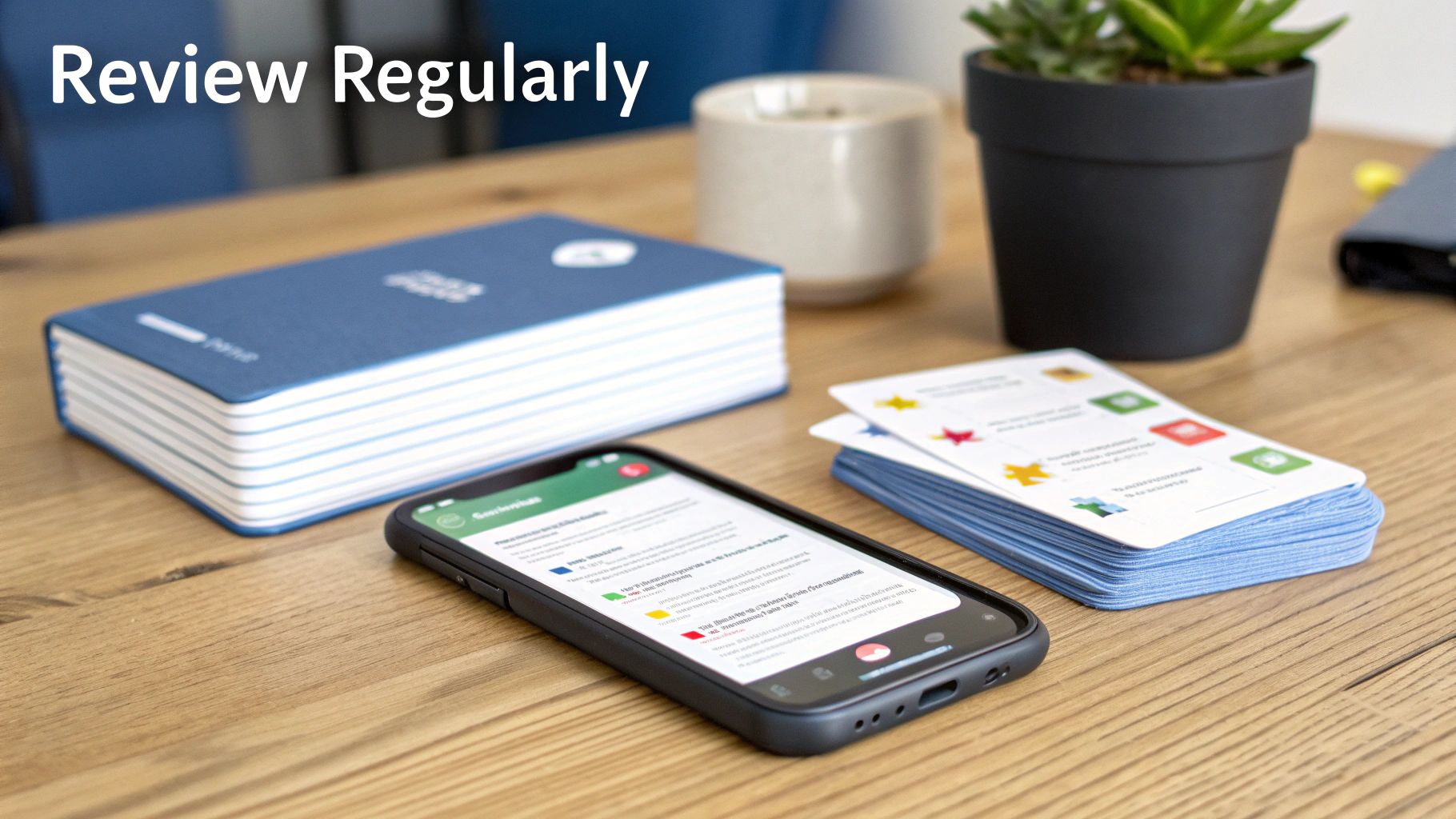 A desk with a blue notebook, smartphone, flashcards, and a plant, promoting regular review.