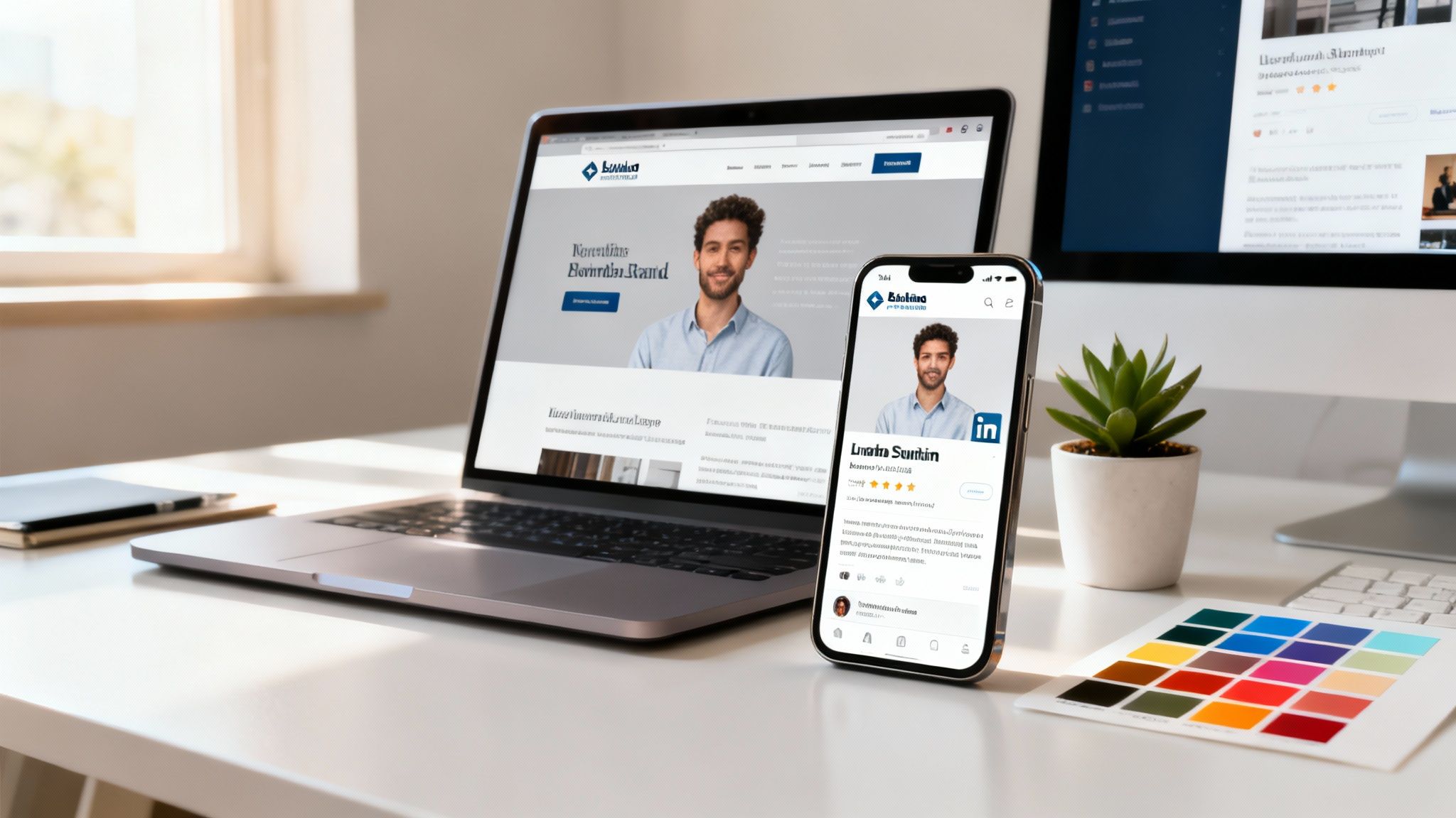A modern digital workspace with a laptop, smartphone, and monitor showcasing a professional online profile.