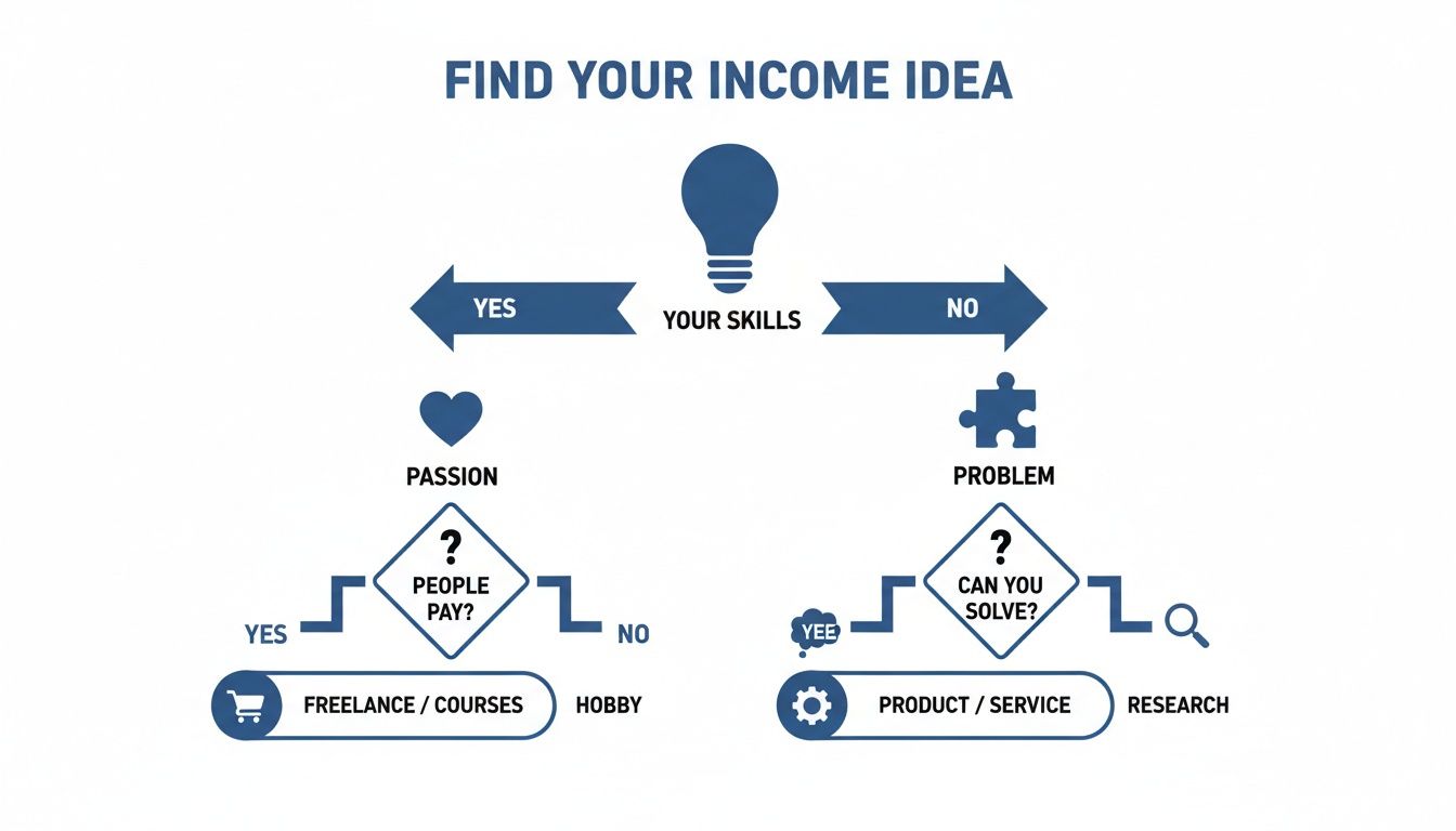 Flowchart guiding individuals to find an income idea based on their skills, passion, or a problem.