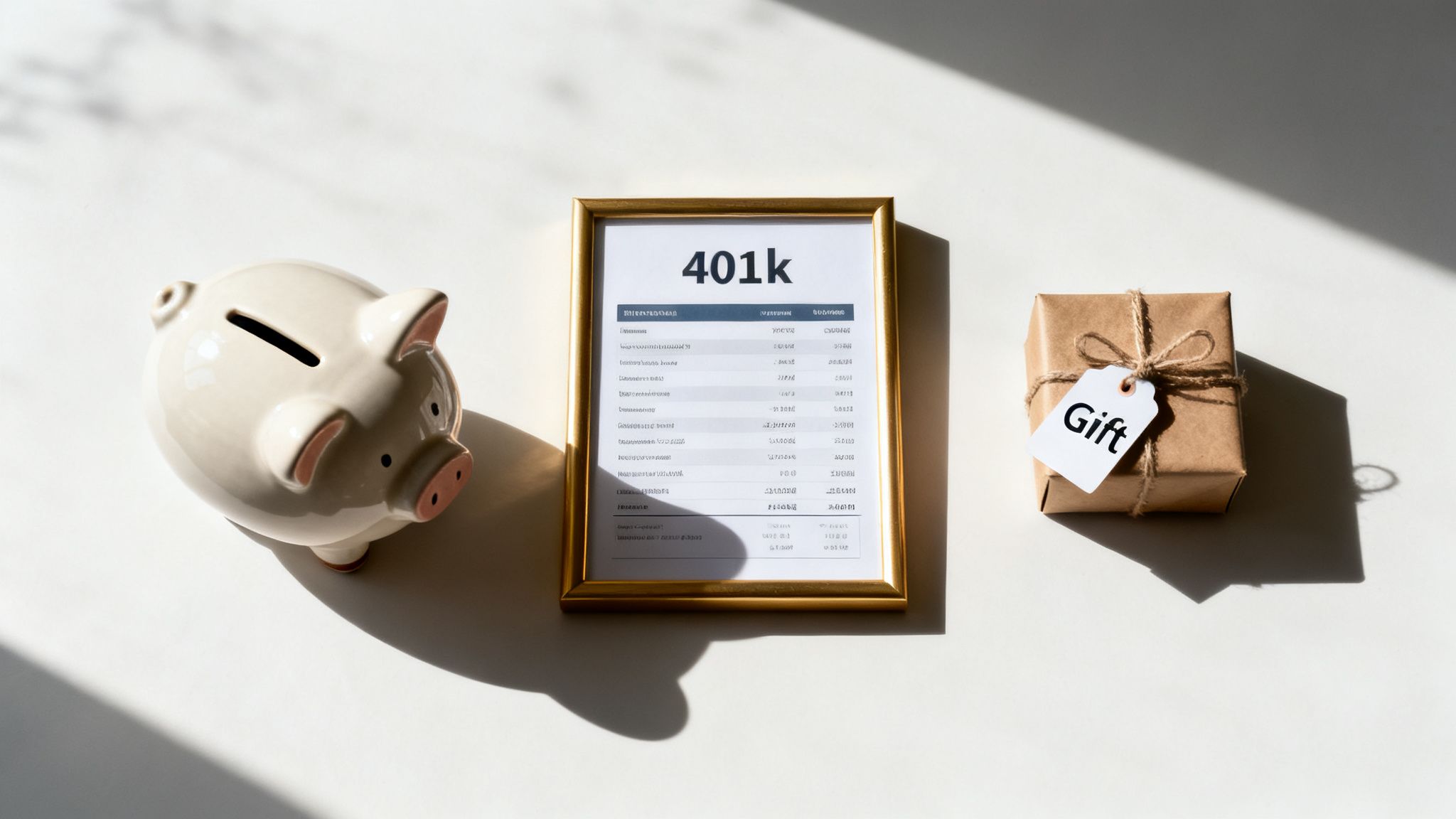 A piggy bank, a framed 401k document, and a gift box symbolize financial planning and retirement savings.