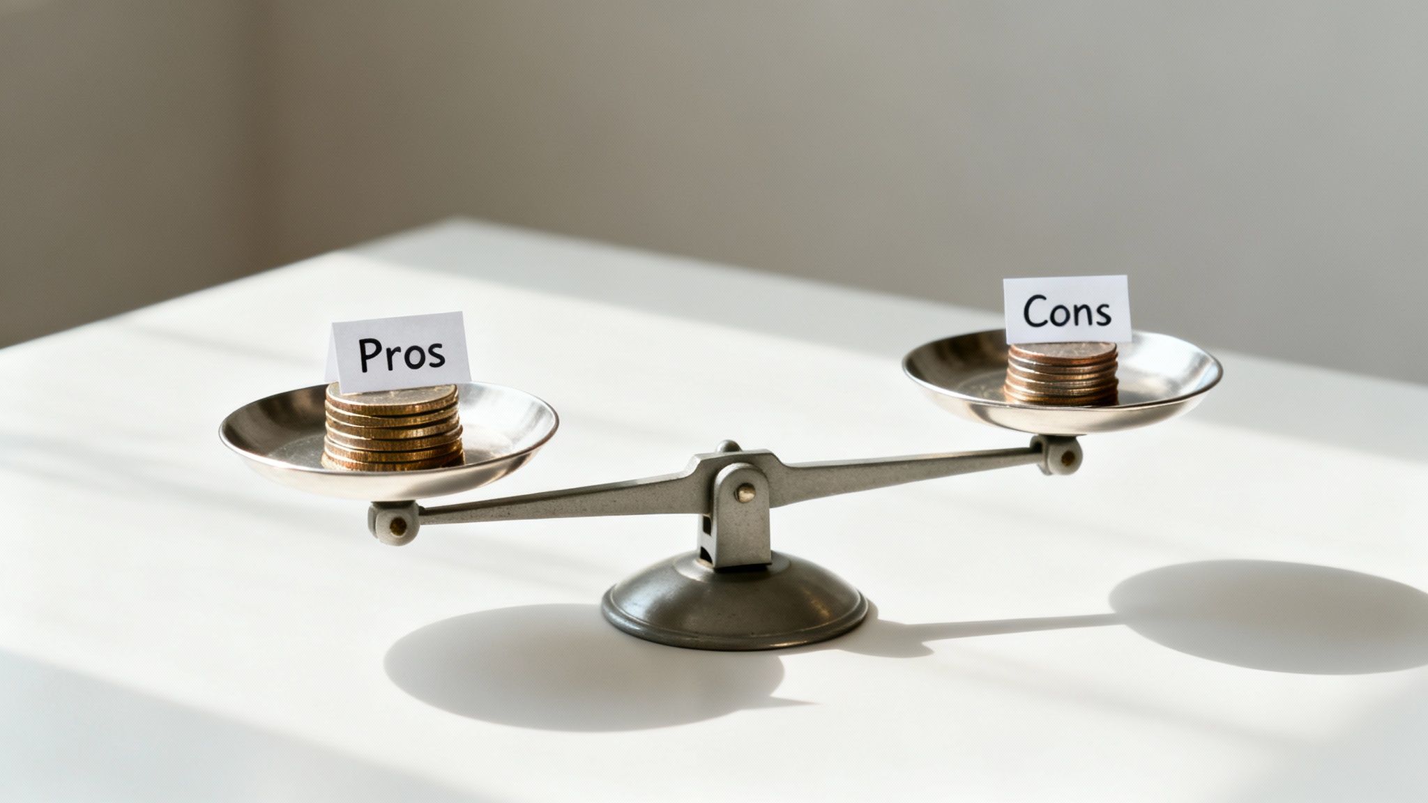 A balance scale weighing "Pros" and "Cons" with stacks of coins, symbolizing decision-making or financial comparison.