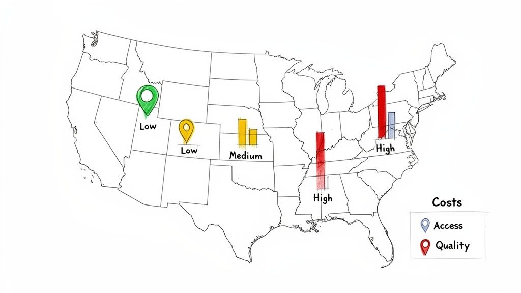 Map of USA displaying regional costs for healthcare access and quality, with varied indicators.