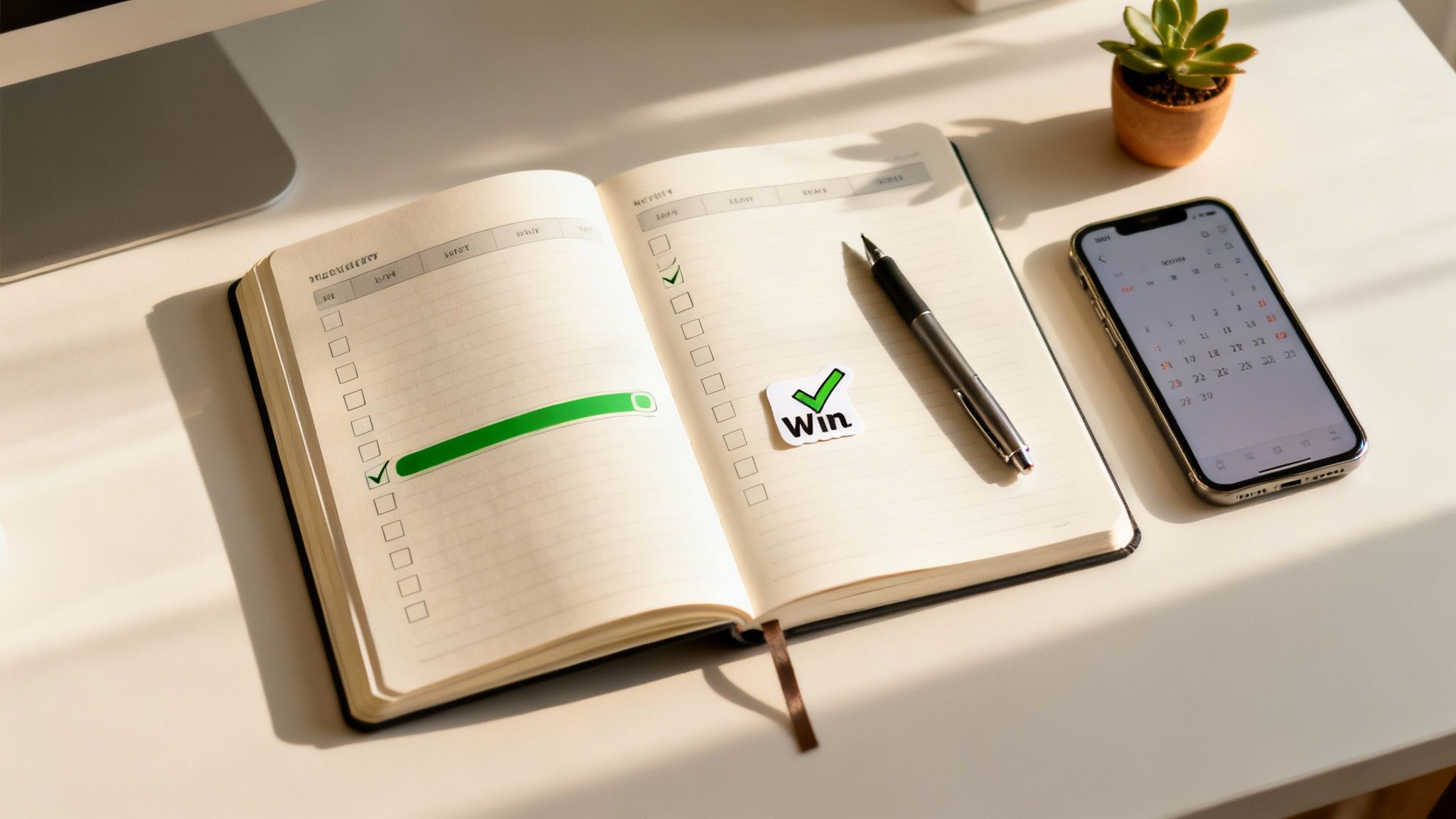 A bright desk scene with an open planner, pen, 'Win' sticker, phone, and small plant.