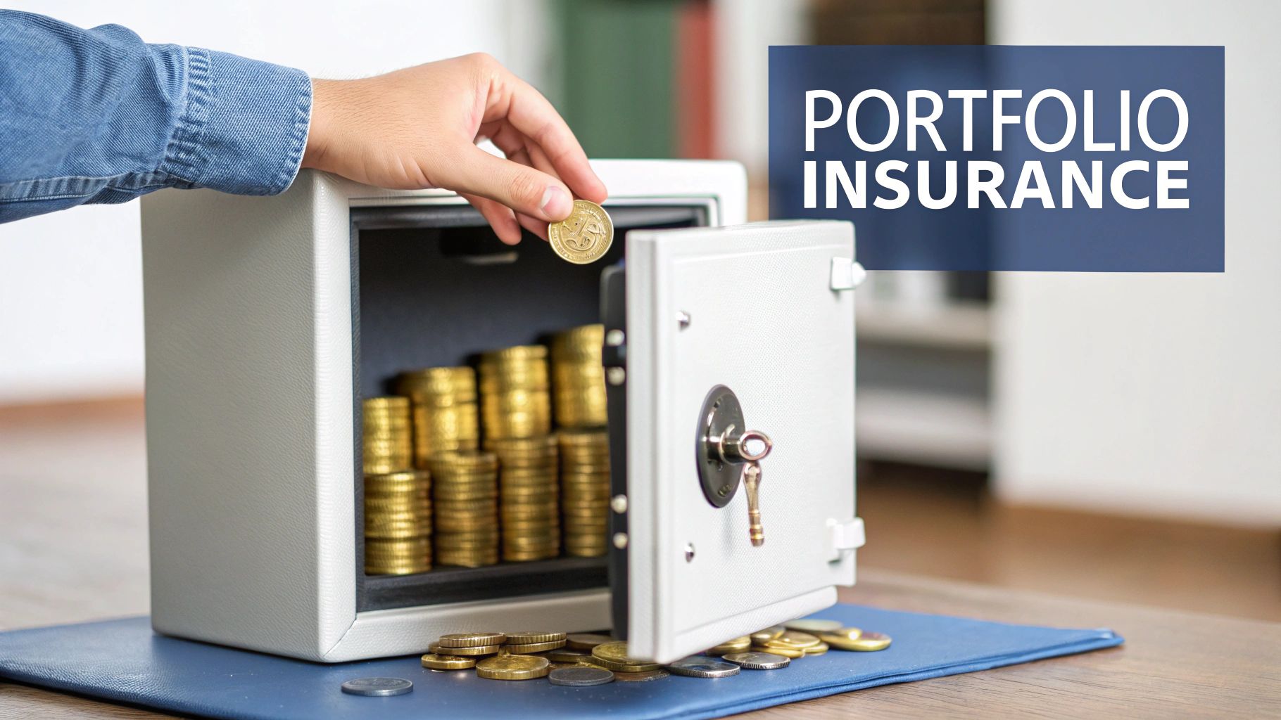 A hand places a gold coin into a safe filled with money stacks, with 'Portfolio Insurance' text.