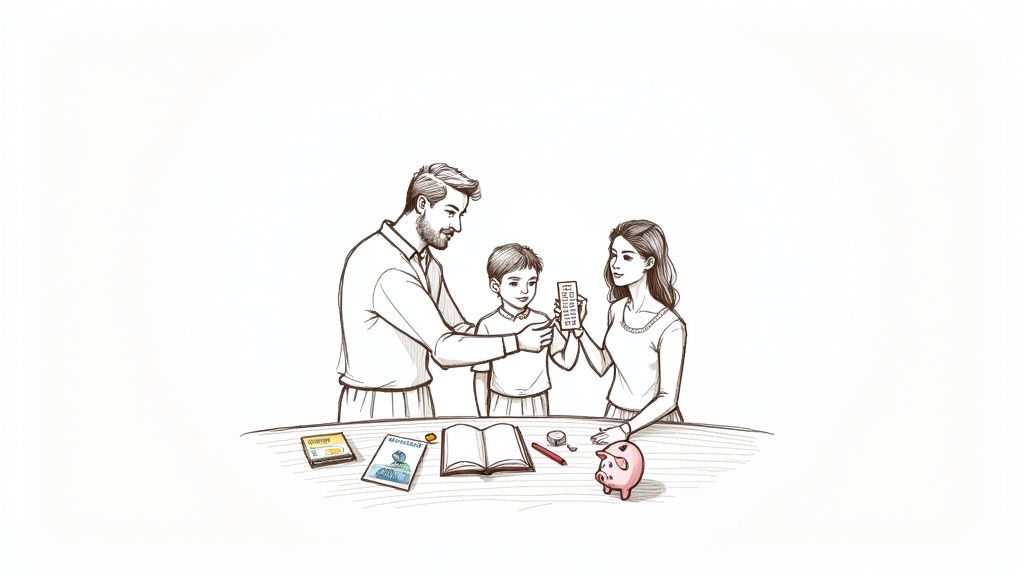 A family (father, mother, son) gathered around a table, engaged in financial education with a calculator, book, and piggy bank.