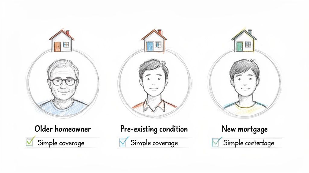 Cartoon showing diverse homeowners (older, pre-existing condition, new mortgage) getting simple mortgage coverage.
