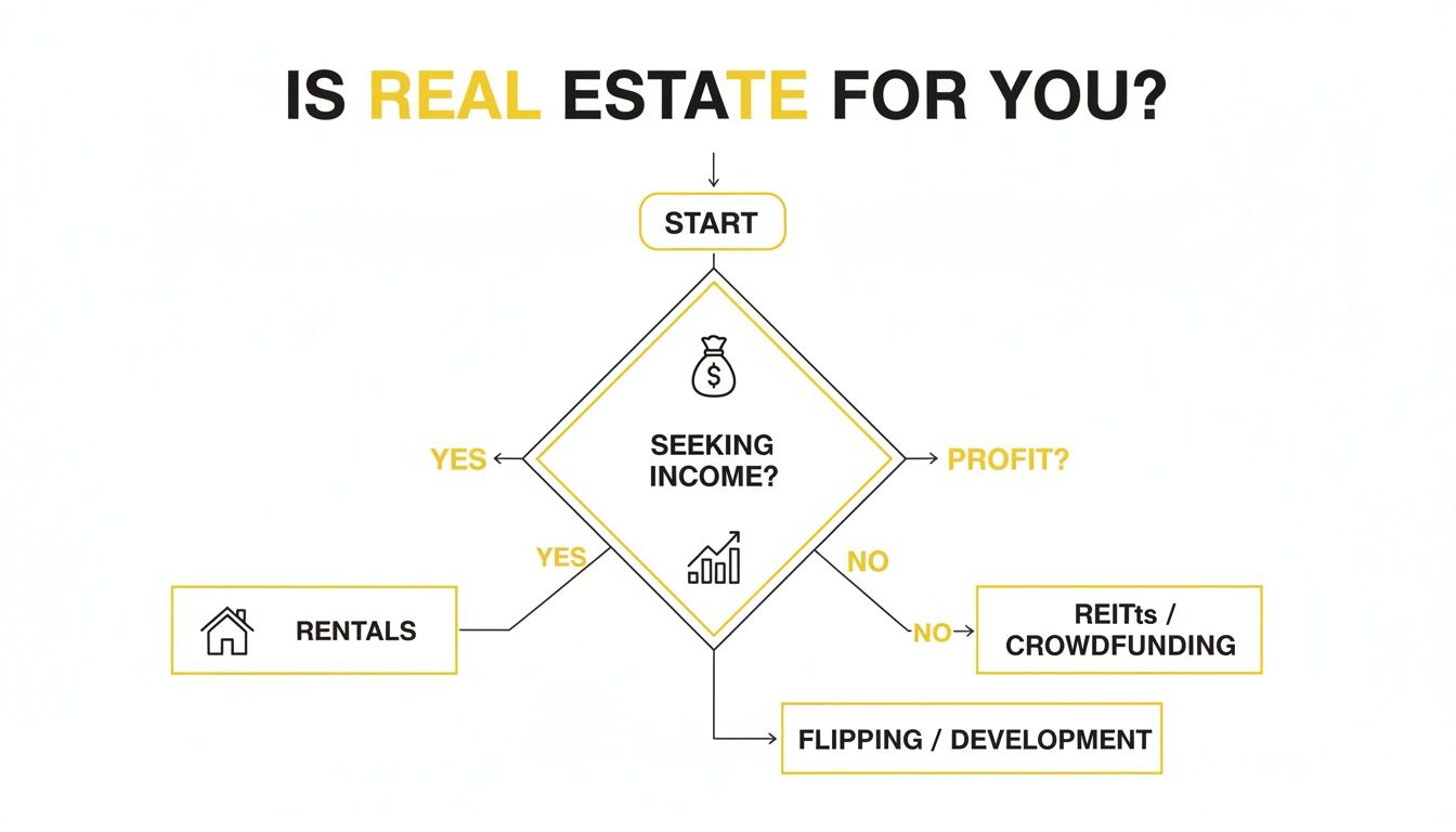A flowchart detailing paths for real estate investment based on seeking income or profit.