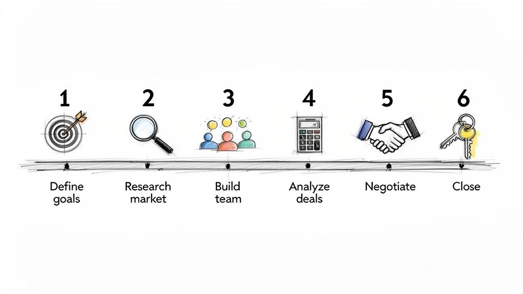 Six steps of a business or real estate investing process: define goals, research market, build team, analyze deals, negotiate, and close.