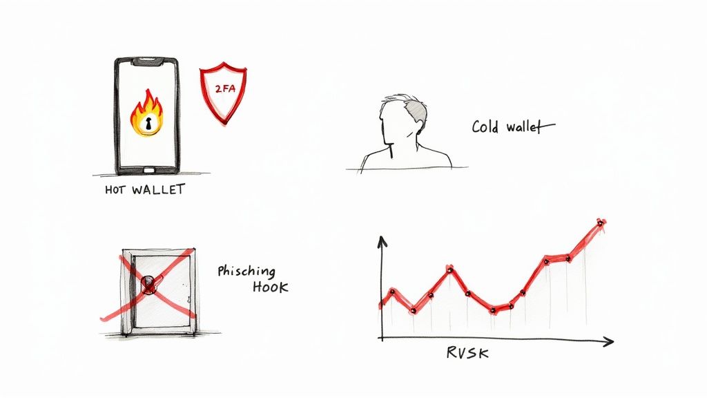 A stylized image of a digital lock and shield protecting cryptocurrency coins.
