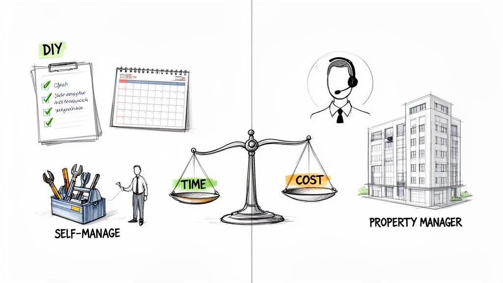 An illustration comparing self-managing a rental property versus hiring a property manager, balancing time and cost.