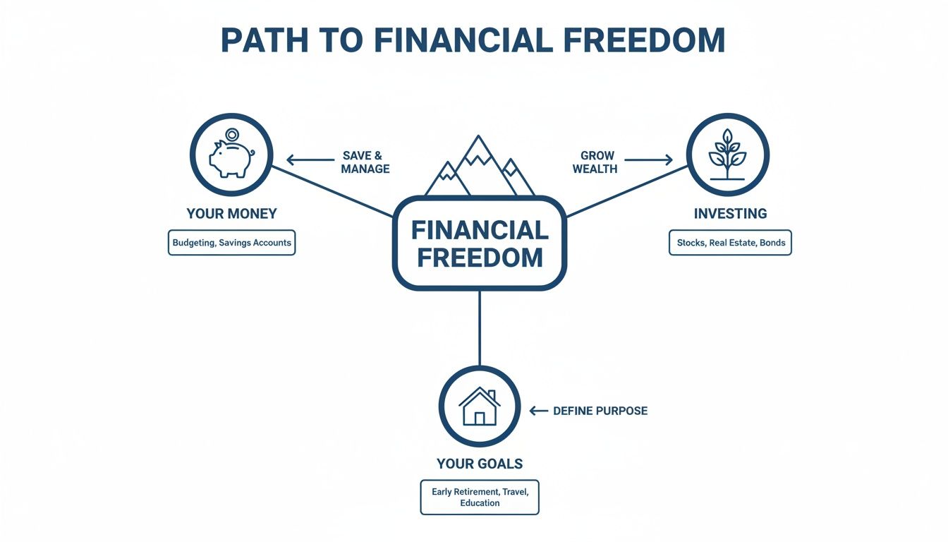 A financial freedom diagram illustrating saving, investing, and goal setting to achieve financial independence.