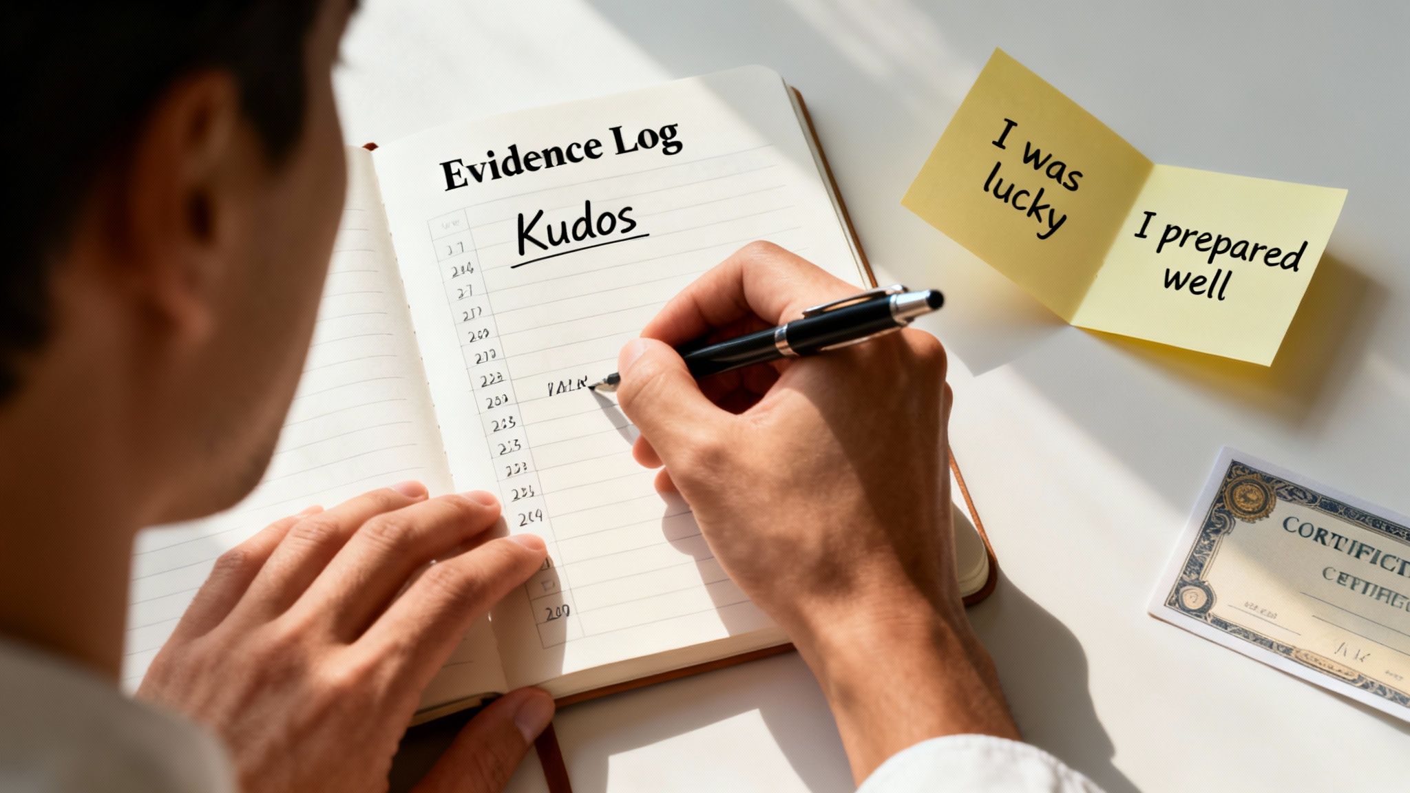 A person writes "Kudos" in an "Evidence Log" notebook, next to a sticky note saying "I was lucky" and "I prepared well."