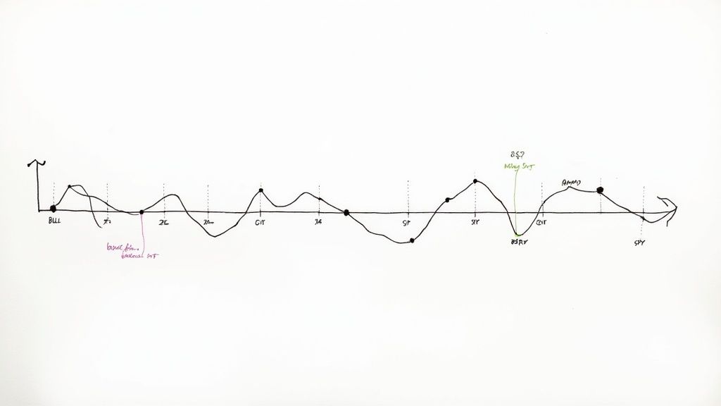 Hand-drawn conceptual graph depicting a fluctuating line with labels like BULL, B³RY, and SPY.
