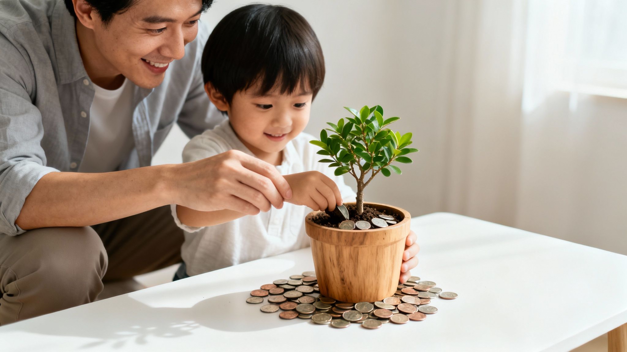 A father and son happily putting coins around a small tree in a pot, symbolizing financial growth.