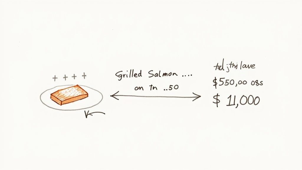 A hand-drawn diagram illustrating grilled salmon linked to two different price points: $550.00 and $11,000.