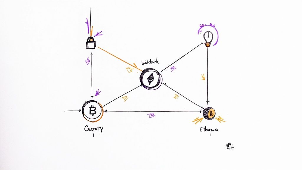 A conceptual diagram illustrating connections between Bitcoin, Ethereum, a padlock, and a lightbulb, possibly related to financial strategies.