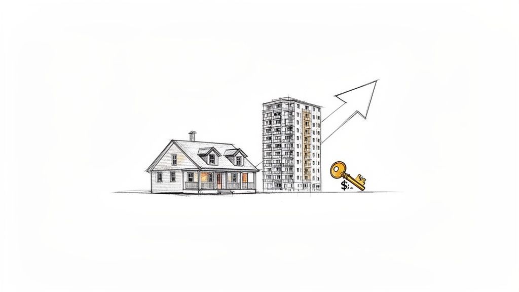 Sketch illustrating real estate investment with a house, building, upward arrow, and key.