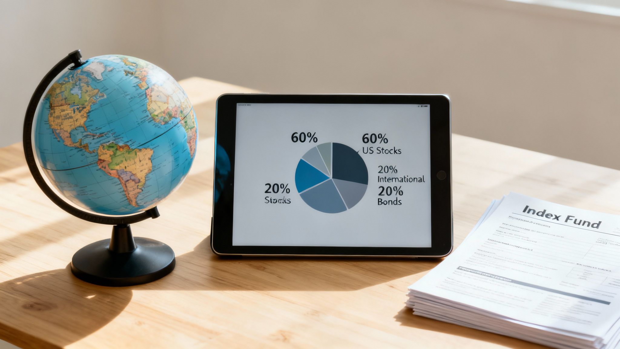 A globe, a tablet displaying an investment portfolio pie chart, and 'Index Fund' documents.
