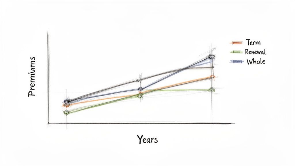 Hand-drawn graph comparing Term, Renewal, and Whole life insurance premiums over years.