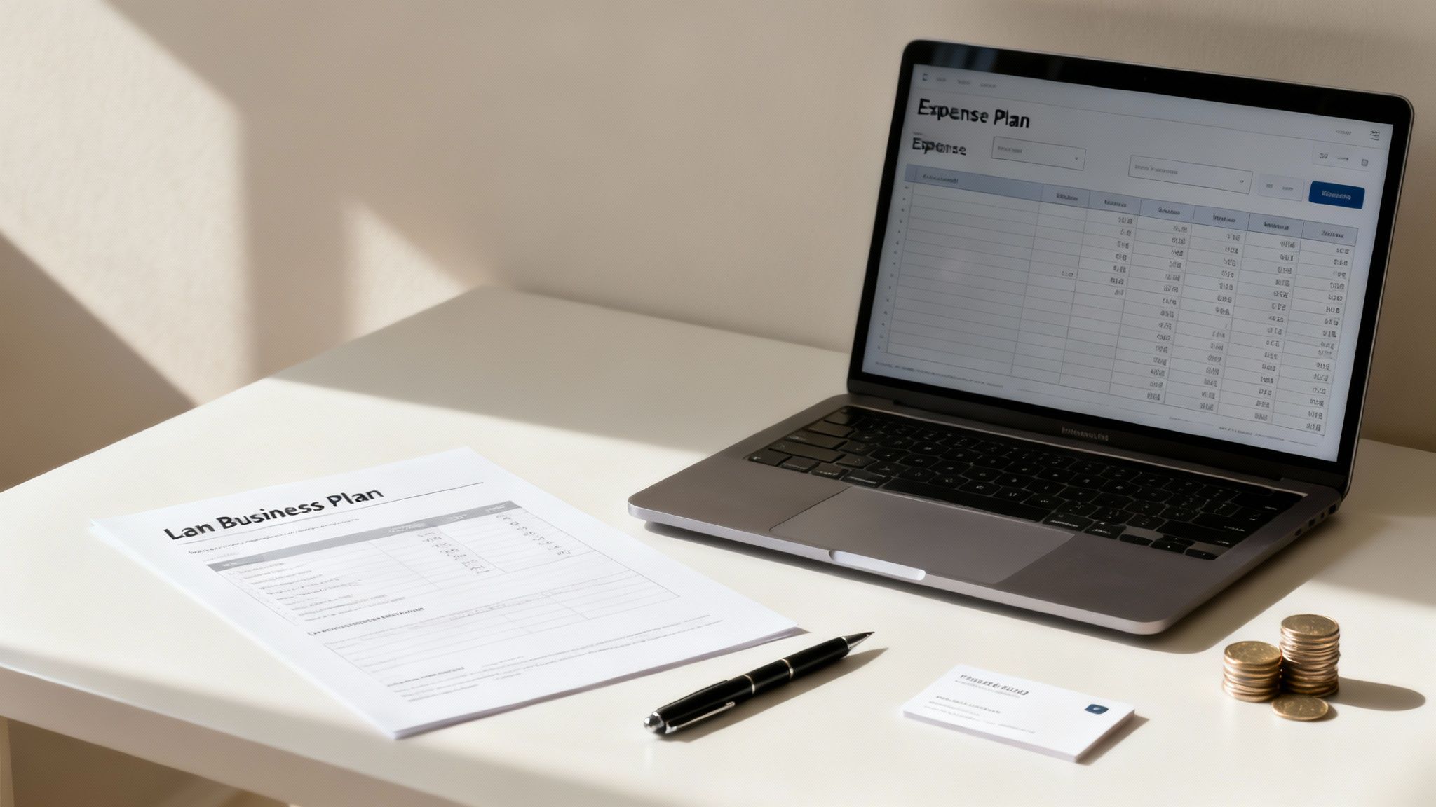 Desk with laptop displaying an expense plan, business plan document, pen, business card, and coins.