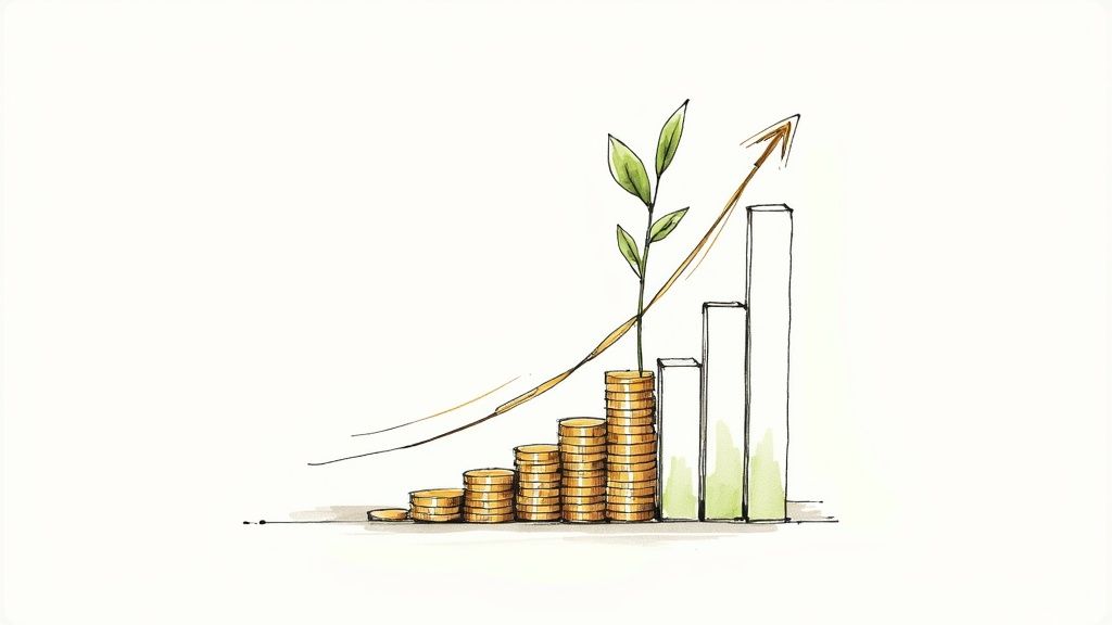 A hand-drawn illustration depicting growing stacks of coins, a plant, and an upward trending bar graph.