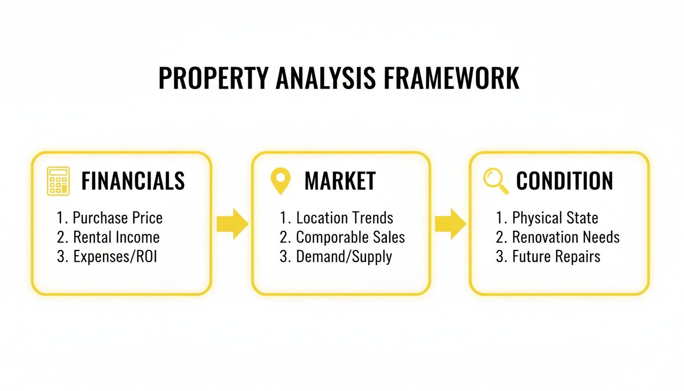 A property analysis framework illustrating financial, market, and condition factors for real estate investment.