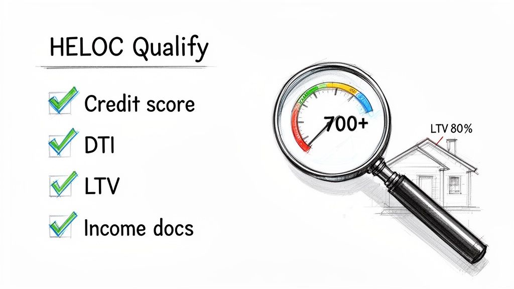Illustration of HELOC qualification requirements including a 700+ credit score, DTI, LTV 80%, and income documents.