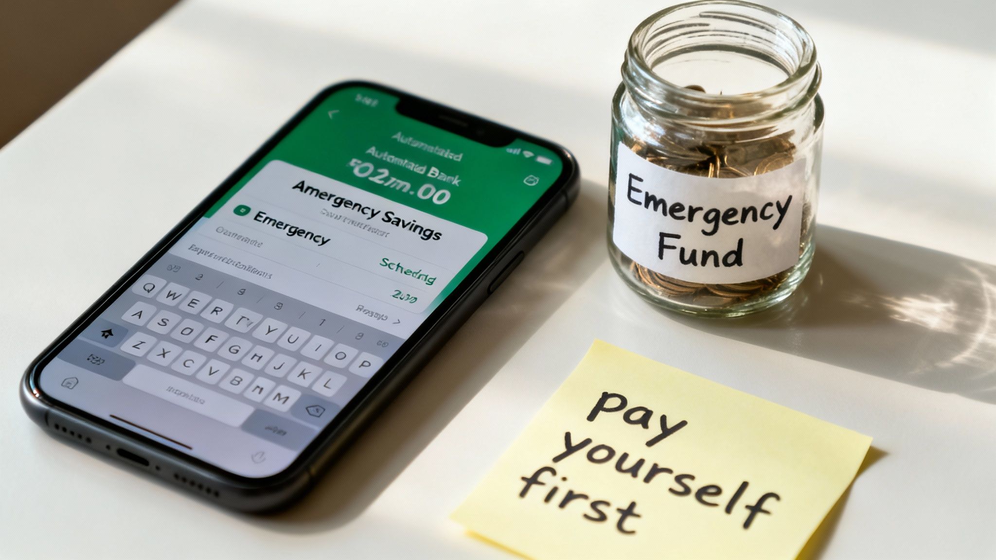 A smartphone showing an emergency savings app, a glass jar 'Emergency Fund', and a 'pay yourself first' note.