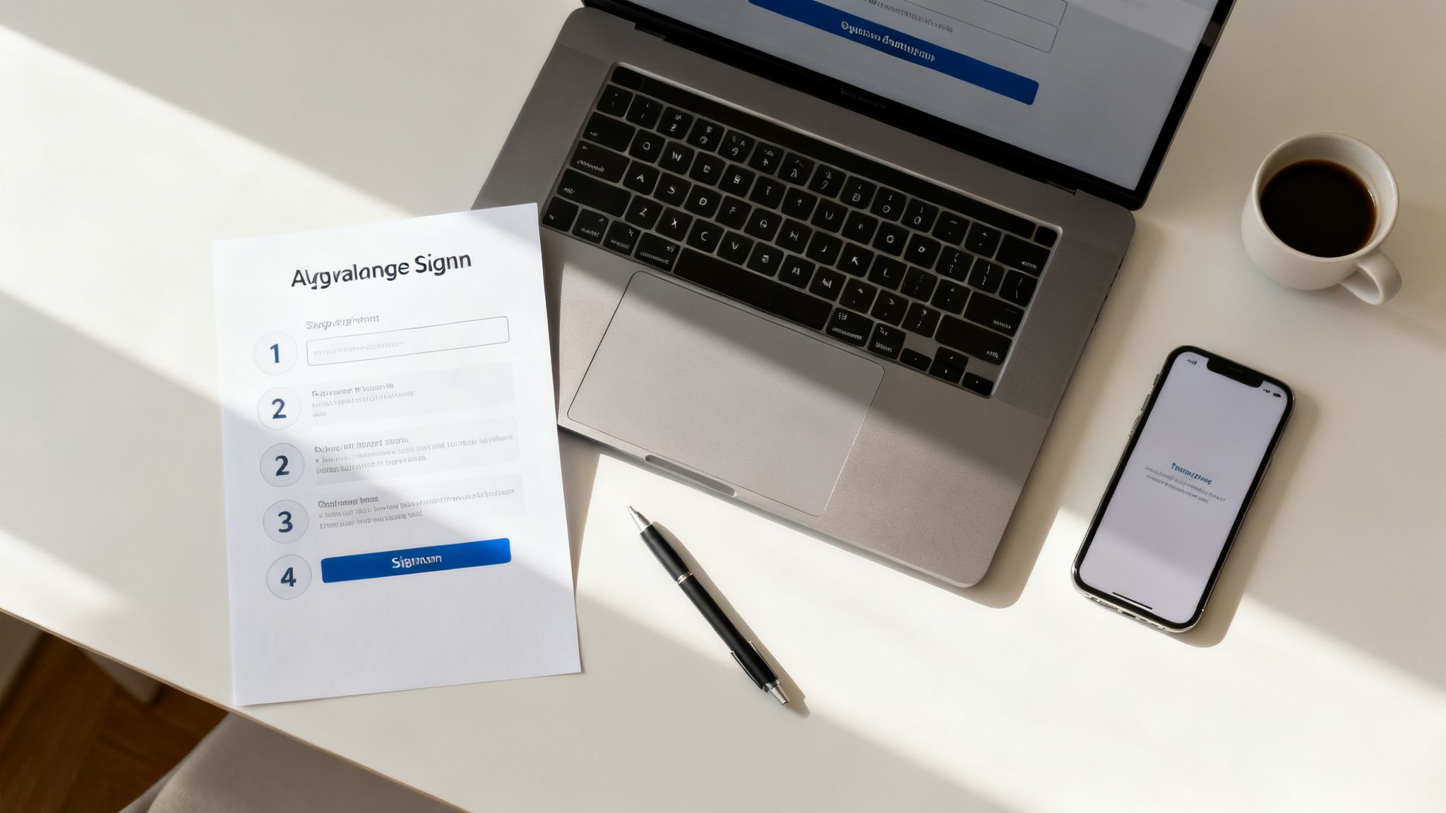 A top-down view of a minimalist desk with a laptop, document, phone, pen, and coffee cup.
