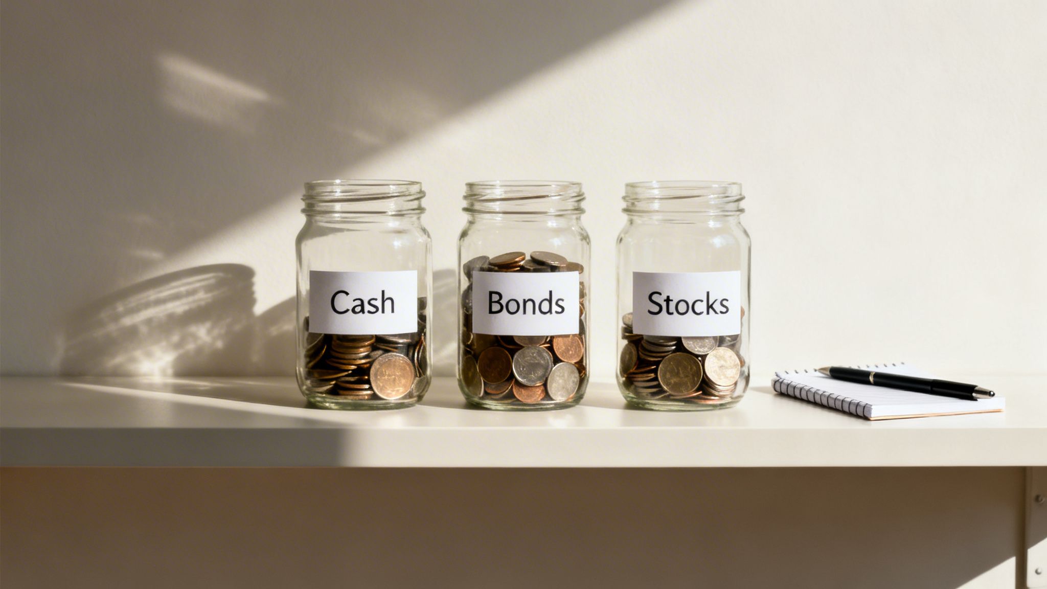 Three jars labeled Cash, Bonds, and Stocks filled with coins, symbolizing investment strategies.