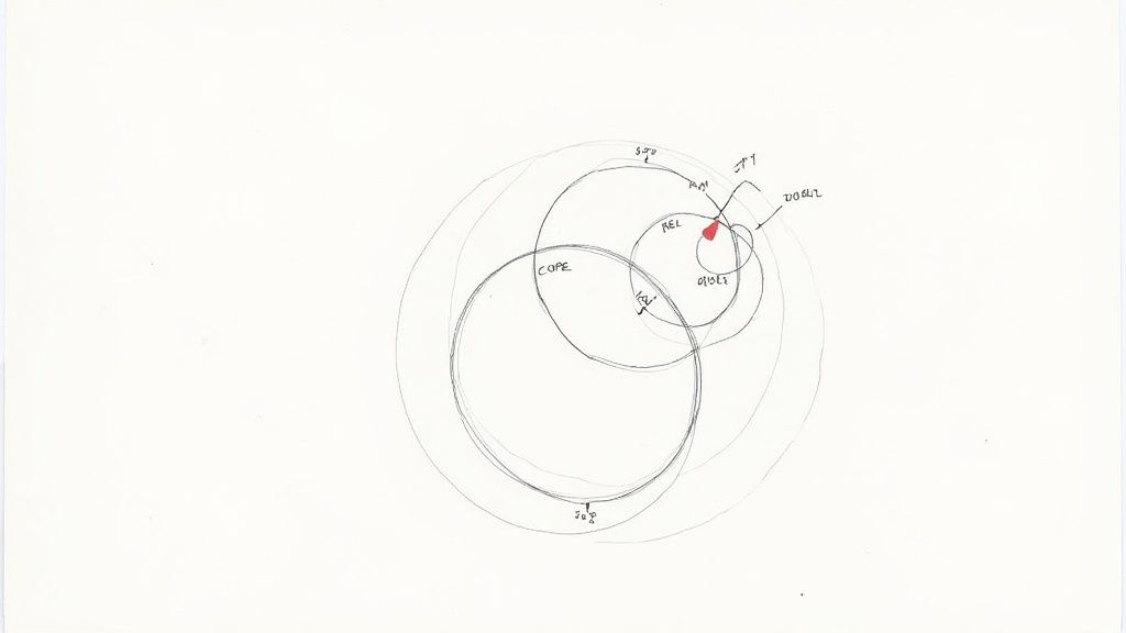 A complex handwritten diagram illustrating overlapping circles, processes, and labels such as COPE, REL, ORDER, and JPY.