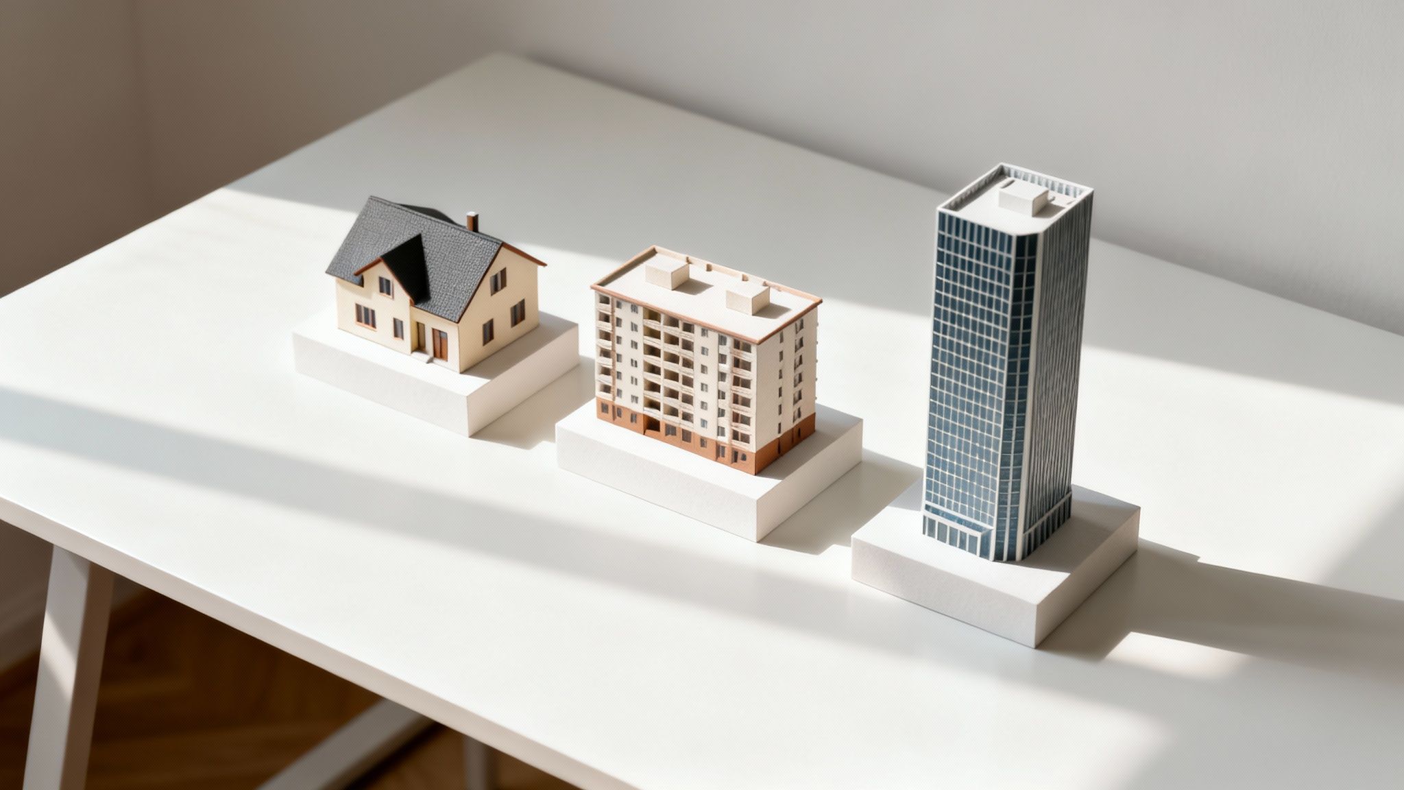 Three property models: a detached house, an apartment building, and a skyscraper on a white table.