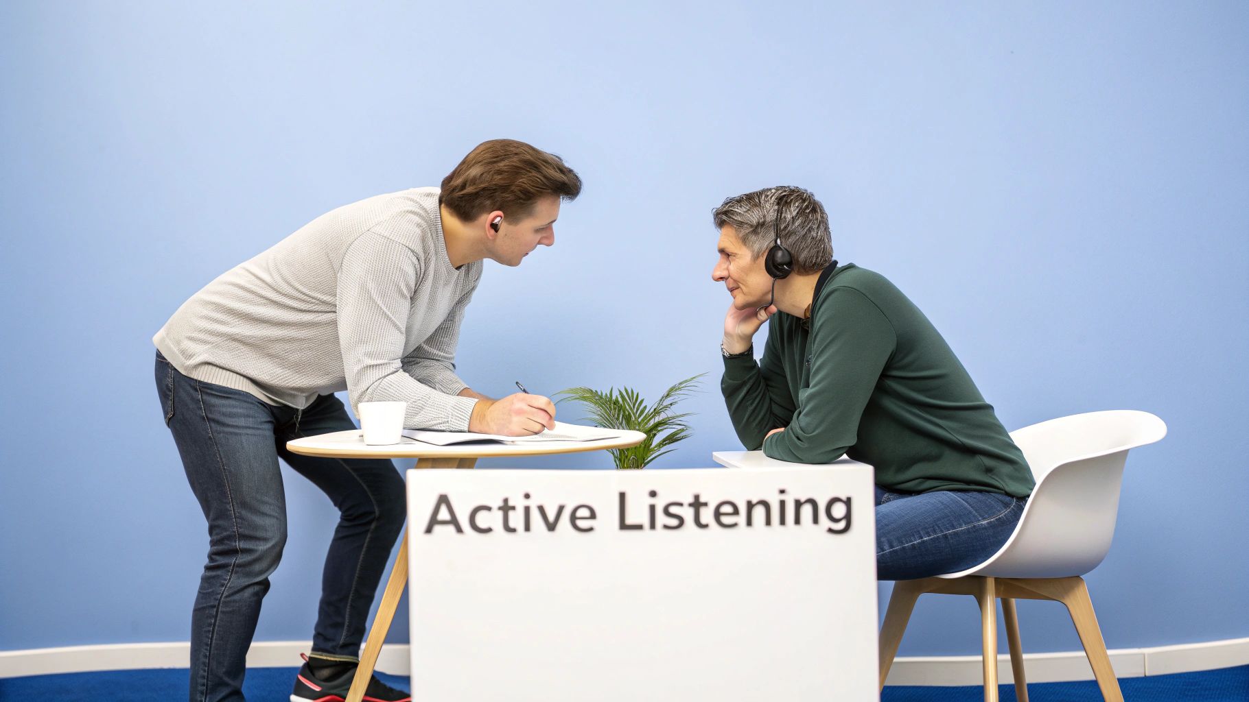 Two men practice active listening; one writes notes while the other wears headphones, engaged in conversation.